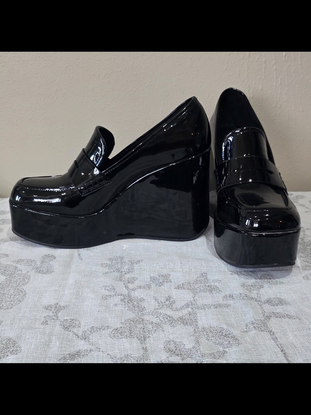 BAMBOO Black Patent Platform Wedge Loafers